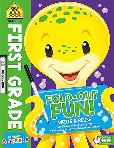 School Zone - First Grade Fold-Out Fun! Write & Reuse Workbook - 240 Pages, Ages 6 to 7, Wipe-Clean Activities, Beginning Phonics, Logic Puzzles, Reading Comprehension, Basic Math, Stickers, and More