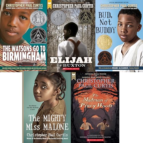 Christopher Paul Curtis Set of 5 Award Winning Paperbacks Includes the Madman of Piney Woods, the Watsons Go to Birmingham, Bud, Not Buddy, Elijah of Buxton & the Mighty Miss Malone