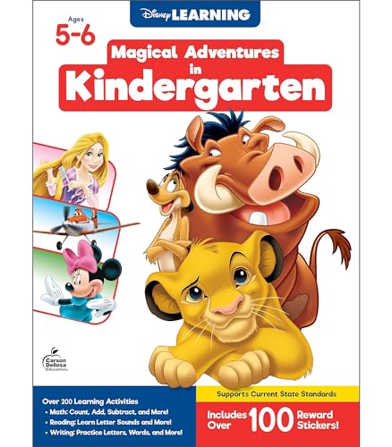 Disney Learning Magical Adventures in Kindergarten Workbooks, Math, Letter Recogntion, Reading Comprehension and Handwriting Practice, Lion King, Rapunzel, Mickey Mouse and Cars Kindergarten Workbooks