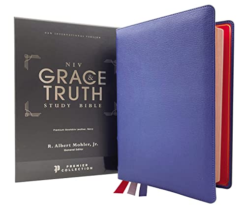 NIV, The Grace and Truth Study Bible (Trustworthy and Practical Insights), Premium Goatskin Leather, Blue, Premier Collection, Black Letter, Art Gilded Edges, Comfort Print