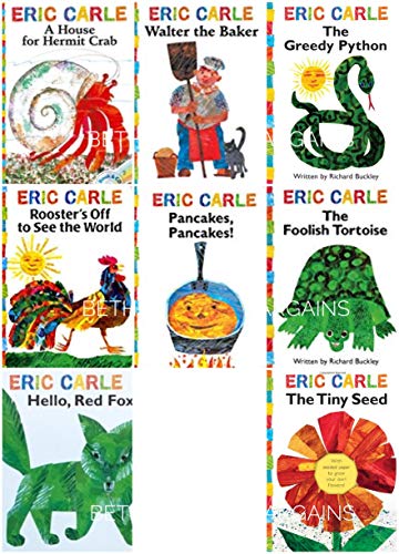 The Eric Carle Library Featuring 8 Classic Board Books Boxed Set [The Greedy Python, The Foolish Toroise, Rooster's Off to See the World, Walter the Baker, A House for Hermit Crab, Pancakes Pancakes!, Hello Red Fox, The Tiny Seed]