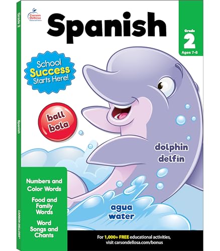 Carson Dellosa Grade 2 Spanish Workbook, Numbers, Colors, Sight Words Vocabulary, Songs, and More, Bilingual Language Learning Classroom or Homeschool Curriculum (Brighter Child Workbooks)