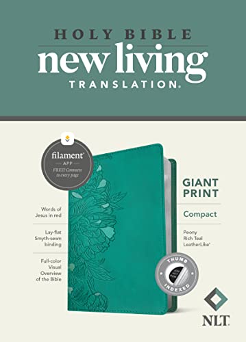 NLT Compact Giant Print Bible, Filament Enabled (LeatherLike, Peony Rich Teal, Indexed, Red Letter)